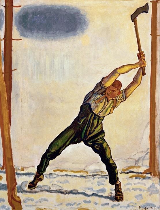 Ferdinand Hodler, Der Holzfäller (Arbeiter,Arbeit,Forstwirtschaft,Holzfäller,Jugendstil,Waldarbeiter,Werkzeug,Schweizerische Kunst,Axt,Bewegungsablauf,Kraft,Bewegung)