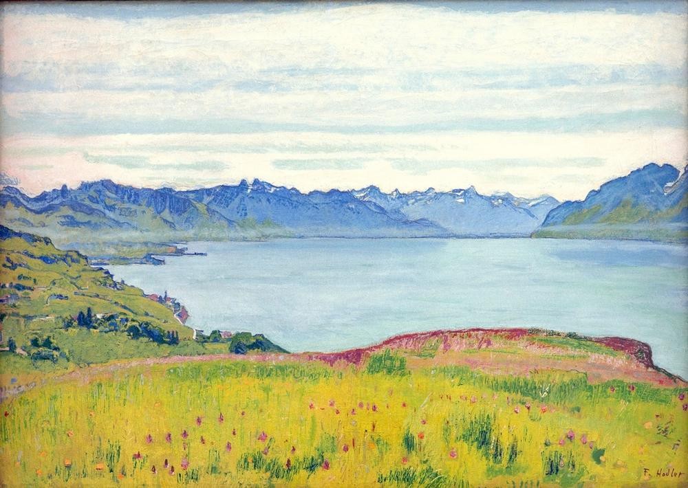 Ferdinand Hodler, Landschaft am Genfersee mit Blick gegen das Wallis (Gebirge,Geographie,Jugendstil,Landschaft,See,Schweizerische Kunst,Topographie)