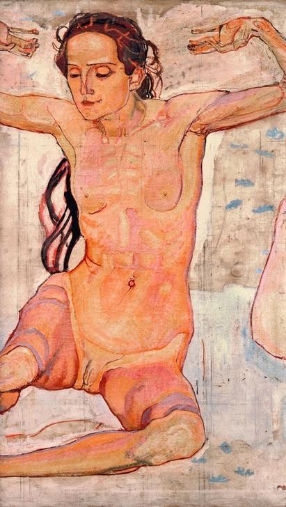 Ferdinand Hodler, Sitzender weiblicher Akt mit erhobenen Armen (Frau,Jugendstil,Symbolismus,Akt,Fragment,Schweizerische Kunst,Vulva,Sitzen)
