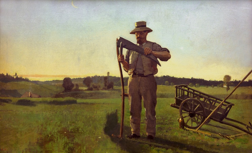 Ferdinand Hodler, Der Mäher (Bauer (Landwirt),Ernte,Mann,Sense,Strohhut,Wiese,Gras,Schweizerische Kunst,Rechen,Dengel,Landwirtschaft)