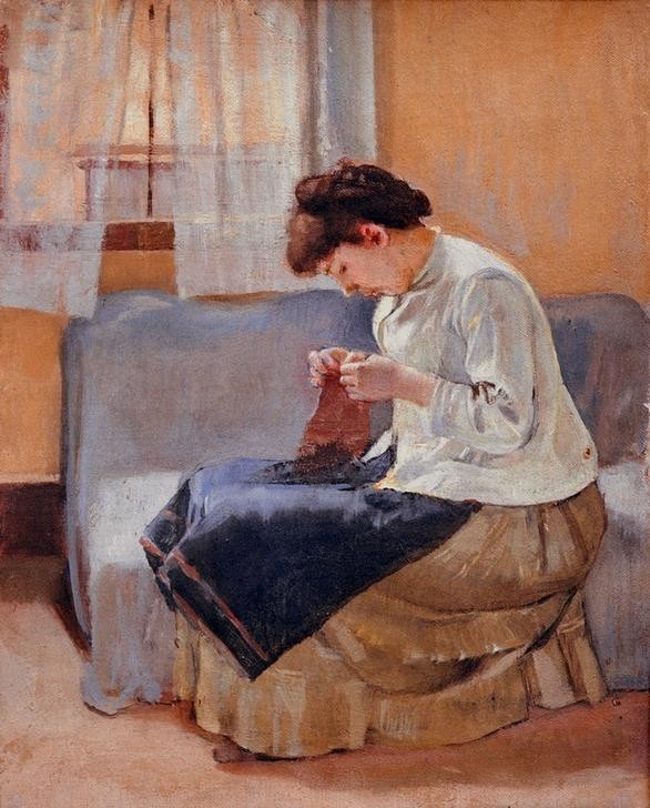 Ferdinand Hodler, Näherin (Frau,Handarbeit,Portrait,Nähen,Künstlerfrau,Schweizerische Kunst,Frauenleben,Sitzen)