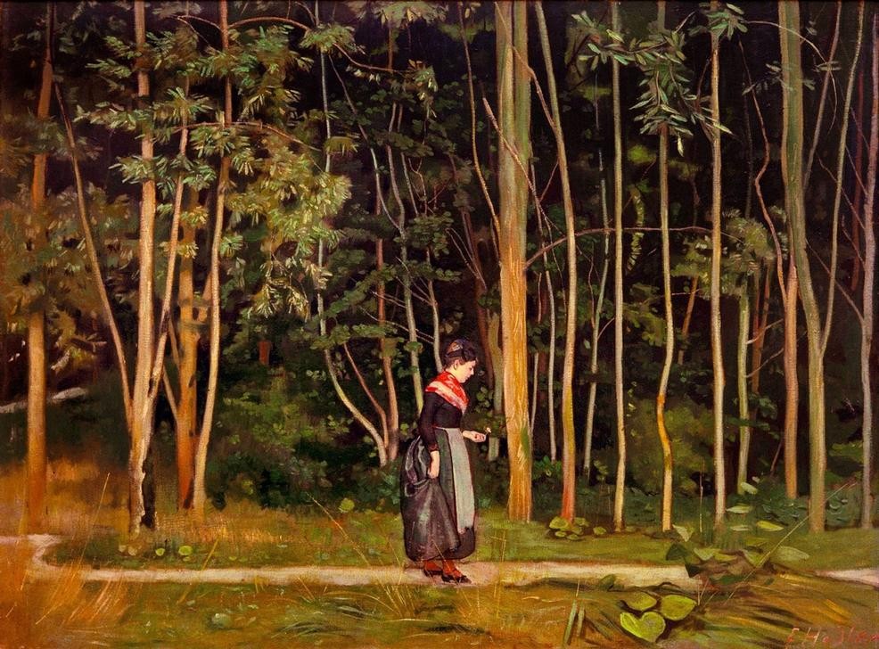 Ferdinand Hodler, Spaziergängerin am Waldrand (Frau,Landschaft,Freizeit,Spaziergang,Wald,Laubwald,Reise,Schweizerische Kunst)