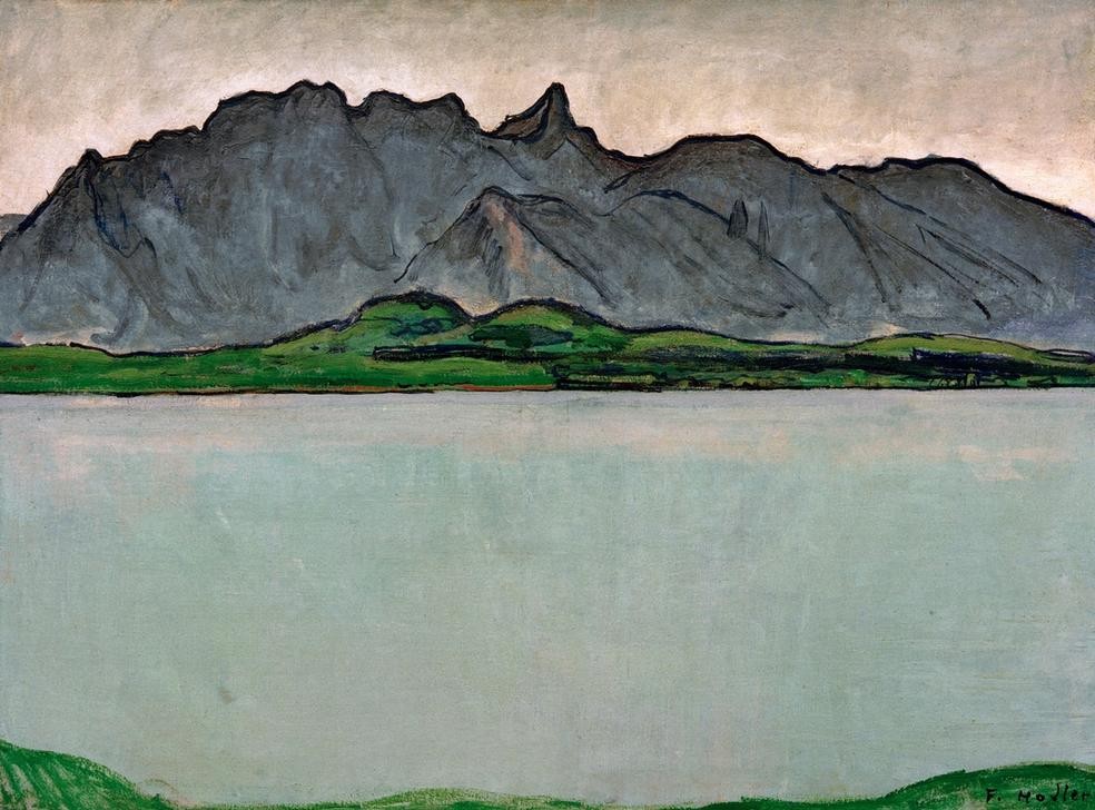 Ferdinand Hodler, Thunersee mit Stockhornkette (Gebirge,Kunst,Landschaft,See,Schweizerische Kunst,Ansicht,Berg,Signatur)