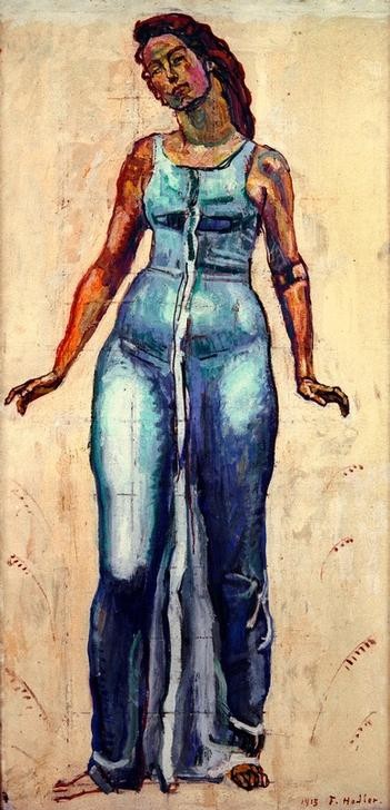 Ferdinand Hodler, Stehende Frauenfigur in blauem Gewand (Frau,Jugendstil,Kunst,Mensch,Symbolismus,Portrait,Studie,Schweizerische Kunst,Ganzfigurig)