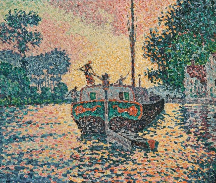 Paul Signac, Le chaland, Samois (Landschaft,Tageszeiten,Abend,Impressionismus,Fluss,Lastkahn,Französische Kunst,Binnenschiffahrt,Abendrot,Schifffahrt)