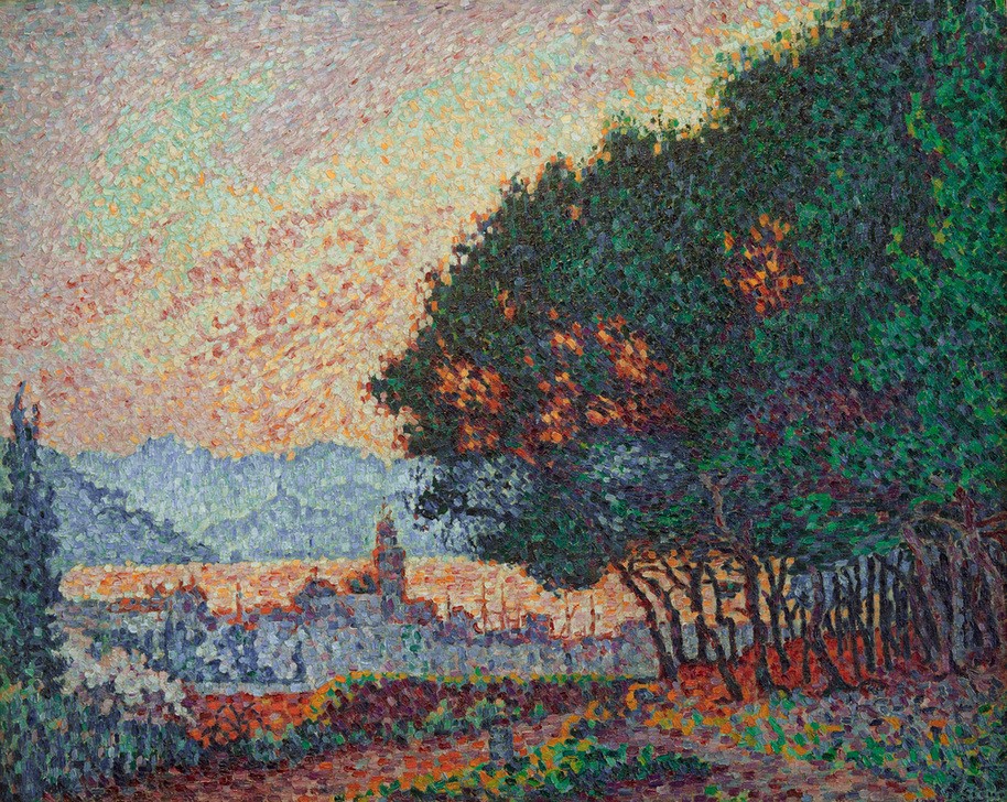 Paul Signac, Saint-Tropez, La Ville et les pins (Geographie,Landschaft,Impressionismus,Pointillismus,Baum,Stadtansicht,Französische Kunst,Pinie,Topographie)