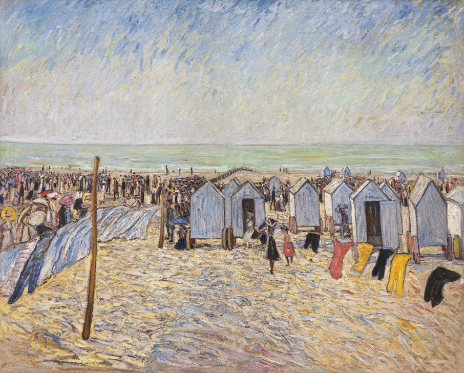Theo von Brockhusen, Strandbild mit Badekarren (Knocke) (Deutsche Kunst,Freizeit,Seebad,Strand,Impressionismus,Reise,Badekarren)