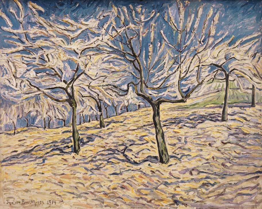 Theo von Brockhusen, Obstbäume im Frühling (Baumblüte,Deutsche Kunst,Jahreszeiten,Landschaft,Obstbau,Impressionismus,Frühling,Apfelbaum,Landwirtschaft)