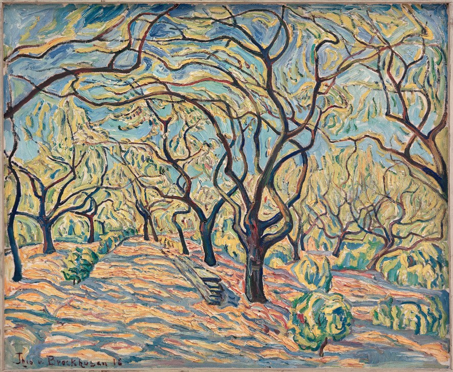 Theo von Brockhusen, Blühende Bäume in Baumgartenbrück (Baumblüte,Deutsche Kunst,Jahreszeiten,Landschaft,Obstbau,Obstgarten,Impressionismus,Frühling,Baum,Obstbaum,Landwirtschaft)