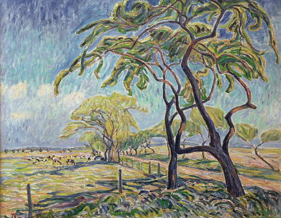 Theo von Brockhusen, Landschaft bei Kaiserswaldau (Allee,Deutsche Kunst,Landstrasse,Landschaft,Weide,Impressionismus,Baum)