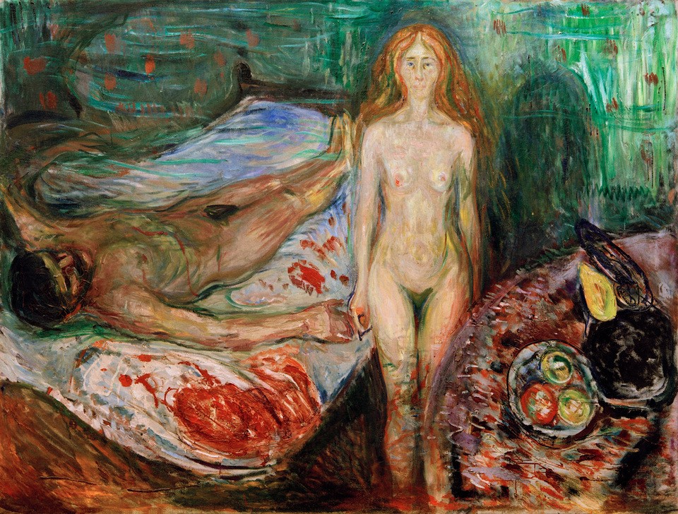 Edvard Munch, Marats Tod I (Die Mörderin) (Blut,Recht,Tod,Femme Fatale,Attentat,Expressionismus,Mord,Lustmord,Blutrausch,Norwegische Kunst,Sexualität,Kampf Der Geschlechter,Mörderin,Attentäterin)