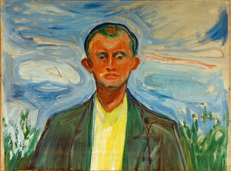 Edvard Munch, Selbstporträt vor blauem Himmel (Grafiker,Freilichtmalerei,Himmel (Natur),Maler (Künstler),Mann,Selbstbildnis,Portrait,Expressionismus,Norwegische Kunst,Person)