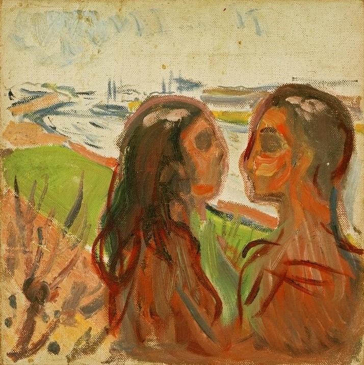 Edvard Munch, Anziehung. Landschaftsmotiv (Landschaft,Liebe,Liebe Und Ehe,Liebespaar,Mensch,Expressionismus,Norwegische Kunst,Paar,Profil,Doppelportrait)
