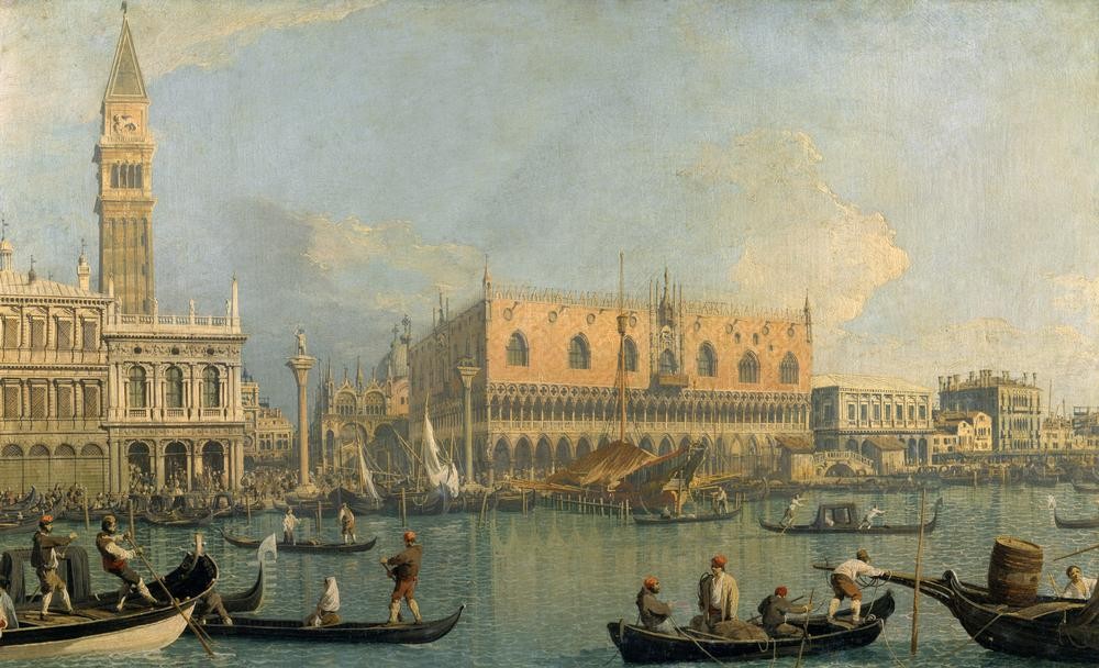 Giovanni Antonio Canaletto, Der Dogenpalast und der Markusplatz (Architektur, Städte, Venedig, Vedute, Architektur, Dogenpalast,Campanile, Glockenturm, Alltagsleben, Gesellschaft,  Canal Grande, Gondeln, Boote, Barock, Klassiker, Wunschgröße, Wohnzimmer)