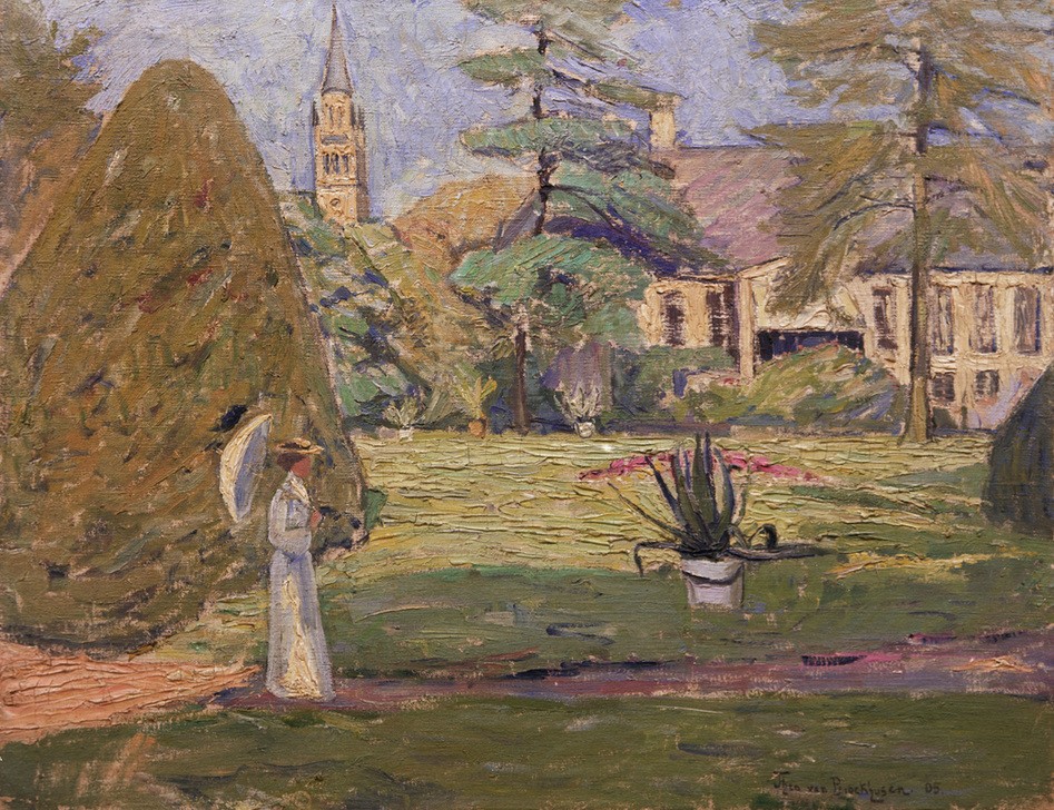 Theo von Brockhusen, Gutshaus in Langen (Im Park) (Deutsche Kunst,Frau,Geographie,Menschen Im Park,Park,Spaziergang,Impressionismus,Sonnenschirm,Agave,Gutshaus,Kirchturm,Topographie,Kübelpflanze)