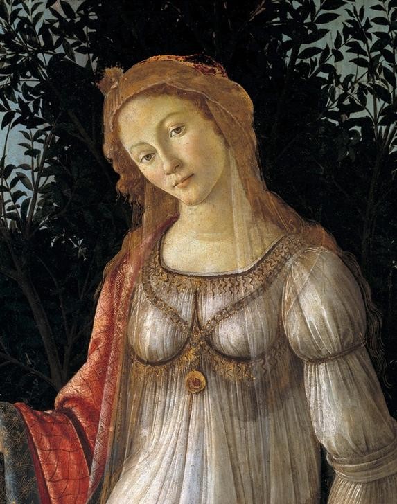 Sandro Botticelli, La Primavera (Frau,Jahr Und Kalender,Jahreszeiten,Mythologie,Schönheit,Renaissance,Frühling,Schleier,Allegorie,Portrait,Italienische Kunst,Keuschheit,Göttin,Teint,Transparenz,Berühmte Kunstwerke,Blässe,Ungeschminkt,Braune Haare,Halbfigur,Frührenaissance,Griechisch-Römi)