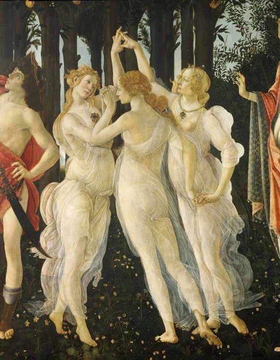 Sandro Botticelli, La Primavera (Frau,Haarmode,Jahreszeiten,Kunst,Mythologie,Reigen (Tanz),Tanz,Schönheit,Renaissance,Frühling,Allegorie,Hand,Rückenfigur,Italienische Kunst,Barfuss,Anmut,Blonde Haare,Transparenz,Berühmte Kunstwerke,Frührenaissance,Griechisch-Römische Mythologie,Ausschnit)