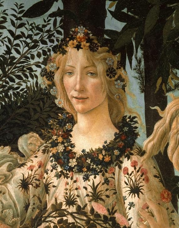 Sandro Botticelli, La Primavera (Botanik,Jahreszeiten,Mythologie,Blumenkranz,Renaissance,Frühling,Allegorie,Italienische Kunst,Haarschmuck,Blonde Haare,Blume,Frührenaissance,Griechisch-Römische Mythologie,Ausschnitt)