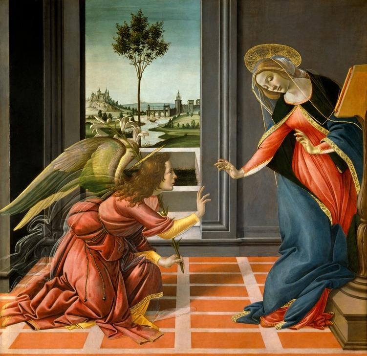 Sandro Botticelli, Verkündigung an Maria (Christentum,Engel,Florentinische Kunst,Kunst,Landschaft,Religion,Toskanische Kunst,Renaissance,Neues Testament,Bibel,Erzengel,Marienleben,Verkündigung An Maria,Italienische Kunst,Kindheit Jesu,Frührenaissance)