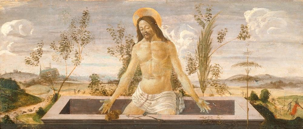 Sandro Botticelli, Christus im Grabe (Christentum,Florentinische Kunst,Leiche,Religion,Renaissance,Neues Testament,Bibel,Altarbild,Schmerzensmann,Italienische Kunst,Predella,Passion Christi,Wundmale,Frührenaissance)