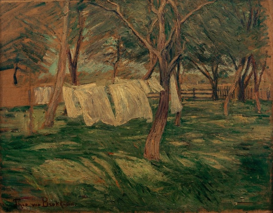 Theo von Brockhusen, Wäsche (Deutsche Kunst,Landschaft,Impressionismus,Wind,Wäscheplatz,Wäsche,Illustration,Wäscheleine)