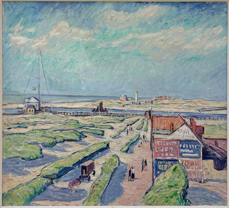 Theo von Brockhusen, Blick auf die Hafeneinfahrt in Nieuport (Deutsche Kunst,Geographie,Hafen,Küste,Landschaft,Strand,Meer,Impressionismus,Topographie)