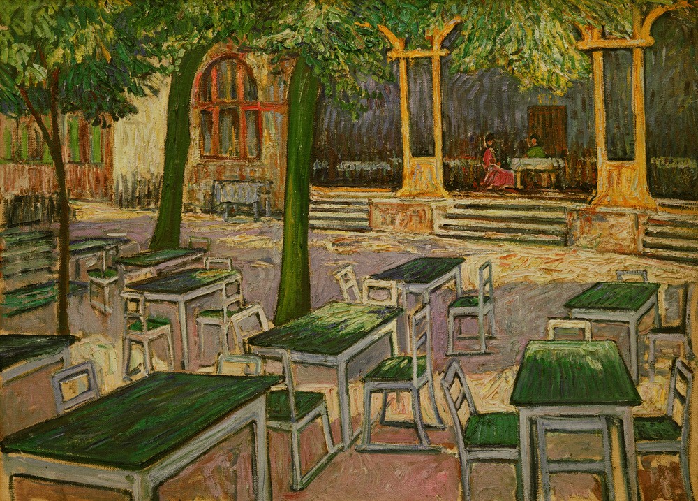 Theo von Brockhusen, Wirtshausgarten Baumgartenbrück (Ausflugslokal,Deutsche Kunst,Gartenwirtschaft,Gastronomie,Impressionismus,Tisch,Gartenmöbel,Stuhl,Menschenleere)
