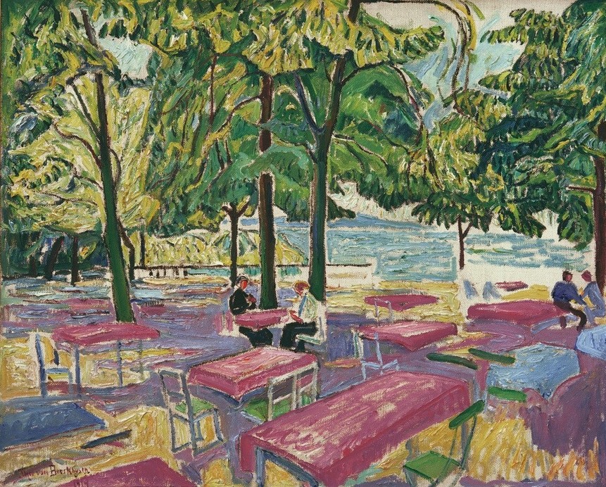Theo von Brockhusen, Wirtshausgarten Baumgartenbrück (Ausflugslokal,Deutsche Kunst,Gartenwirtschaft,Gastronomie,Kunst,Impressionismus,Tisch,Gartenmöbel,Stuhl)