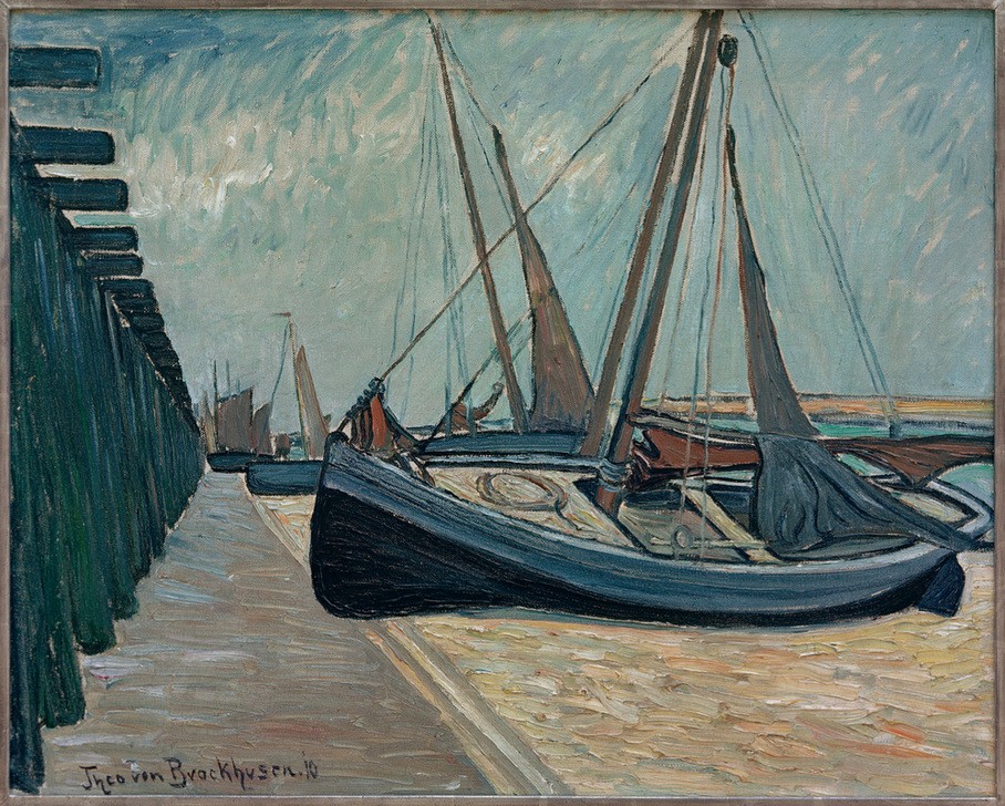 Theo von Brockhusen, Windstille (Deutsche Kunst,Hafen,Schiffstypen,Fischerboot,Impressionismus,Segelboot,Schifffahrt)