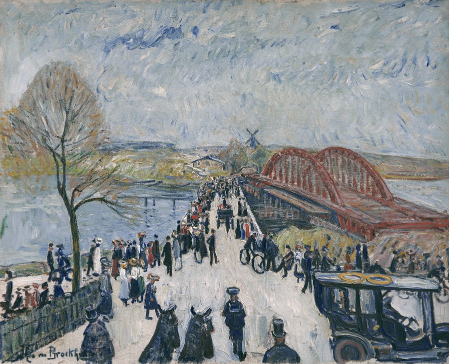 Theo von Brockhusen, Feierliche Eröffnung der Havelbrücke bei Baumgartenbrück (Automobil,Brücke,Deutsche Kunst,Geographie,Landschaft,Verkehr,Impressionismus,Alt Und Neu,Fussgänger,Topographie,Fahrradfahrer)