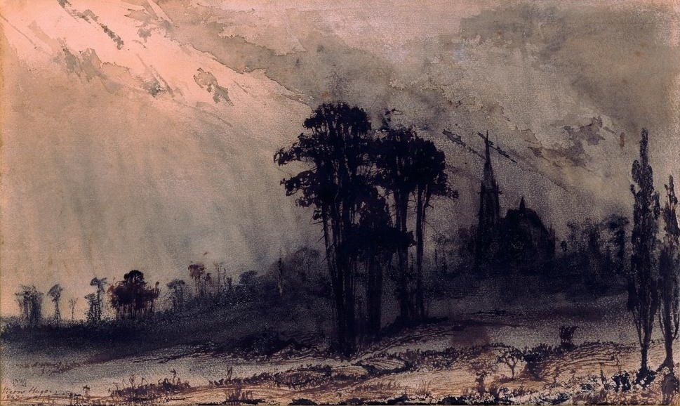 Victor Hugo, Paysage (Kirche,Landschaft,Französische Kunst,Baumgruppe,Person)