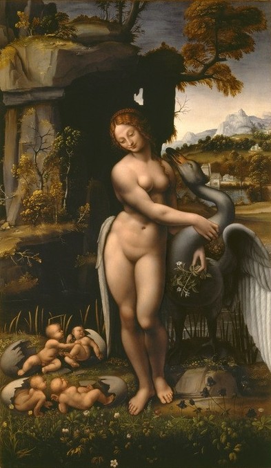 Leonardo da Vinci, Leda mit dem Schwan (Mythologie, Schwan, Zeus, Götter, Metamorphose, Erotik, Eier, Kinder, Landschaft, Renaissance, Klassiker, Malerei  Wunschgröße, Wohnzimmer, Treppenhaus)