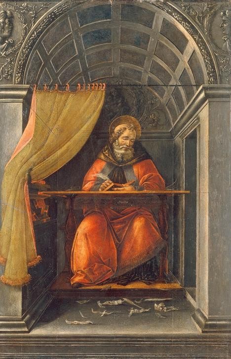 Sandro Botticelli, Der Heilige Augustinus in der Zelle (Christentum,Heilige,Religion,Schreibtisch,Schreiber,Schreiben Und Schrift,Renaissance,Maria Mit Kind,Bild Im Bild,Kirchenvater,Interieur,Architekturdarstellung,Italienische Kunst,Schreibwerkzeug,Schreibfeder,Vorhang,Papier,Tonnengewölbe,Kassettendecke,Pap)