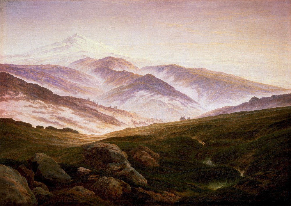 Caspar David Friedrich, Erinnerung an das Riesengebirge (Deutsche Kunst,Gebirge,Kunst,Landschaft,Meteorologie,Wetter,Tageszeiten,Morgen,Nebel,Romantik,Berg)