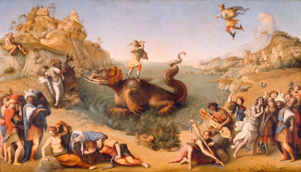 Piero di Cosimo, Perseus befreit Andromeda (Mythologie,Renaissance,Seeungeheuer,Gefangenenbefreiung,Simultanbild,Italienische Kunst,Truhenbild,Griechisch-Römische Mythologie)