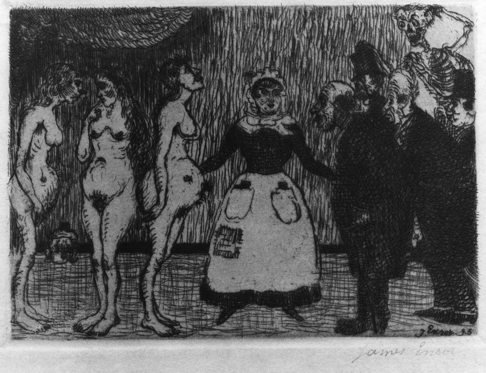 James Ensor, Les vieux polissons ou La visite des médecins / De oude Schelmen of Het bezoek van de geneesheren (Arzt,Erotik,Karikatur,Medizin,Prostitution,Symbolismus,Johannistrieb,Belgische Kunst,Sexualität,Bordell,Alterserotik,Kupplerin)