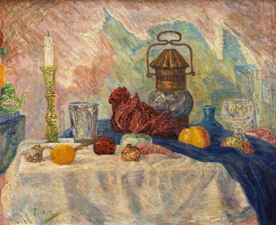 James Ensor, Nature morte aux légumes et à la lanterne (Gemüse,Kunst,Laterne,Symbolismus,Tisch,Stillleben,Kerze (Licht),Belgische Kunst,Trinkglas,Kerzenständer)