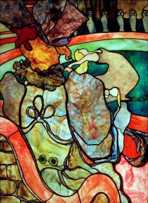 Louis Comfort Tiffany, Au Nouveau Cirque, Papa Chrysanthème (Fenster,Frau,Glas,Jugendstil,Zirkus (Theater),Rückenfigur,Französische Kunst,Amerikanische Kunst,Tiffany,Glasfenster,Zuschauerin,Favrile-Glas,Artefakt)