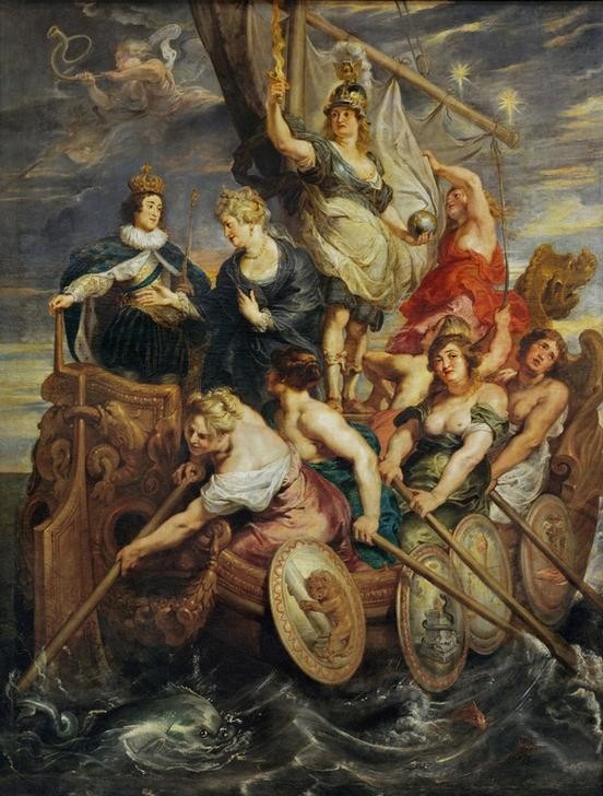Peter Paul Rubens, Die Großjährigkeit Ludwigs XIII. am 20. Oktober 1614 (Flämische Kunst,Geschichte,Königin,König,Mädchen,Schiff,Szene,Barock,Akt,Allegorie,Portrait,Mutter Und Sohn,Niederländische Kunst,Kleidung (Allgemein),Staatsschiff,Kopf,Person,Volljährigkeit)
