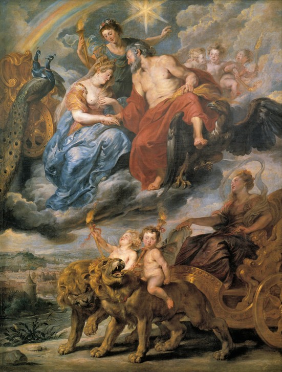 Peter Paul Rubens, Allegorie der Vermählung der Maria von Medici mit Heinrich IV. in Lyon am 9. November 1600 (Adler,Ehepaar,Flämische Kunst,Geschichte,Hochzeit,Königin,König,Krieg,Mythologie,Szene,Vogel,Barock,Allegorie,Pfau,Quadriga,Fackel,Stadtansicht,Streitwagen,Niederländische Kunst,Paar,Kleidung (Allgemein),Tier,Person,Griechisch-Römische Mythologie,Versamml)