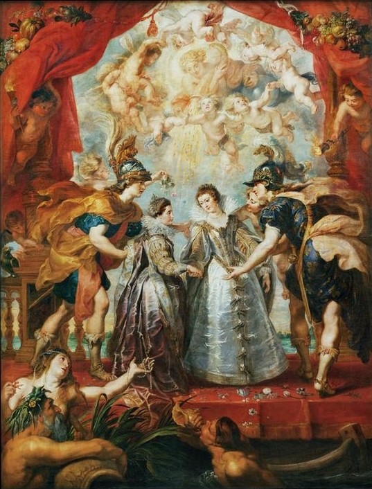 Peter Paul Rubens, Die Auswechslung der Prinzessinnen von Frankreich und von Spanien auf dem Fluß Bidassoa bei Hendaye, 9. Nov. 1615 (Doppelhochzeit,Flämische Kunst,Geschichte,Königin,Szene,Barock,Allegorie,Grenze,Prinzessin,Niederländische Kunst,Staatsgrenze,Kleidung (Allgemein),Grenzübergang,Medici (Familie),Person)