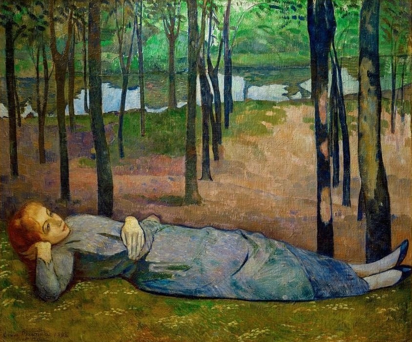 Emile Bernard, Madeleine au Bois d’Amour (Frau,  Mädchen, Rast, Freizeit,  Wald, Fluss, Träumen,  Ausruhen,  Entspannung, Liegen, Malerei, Cloisonismus, Klassische Moderne,  Wohnzimmer, Wunschgröße, bunt)