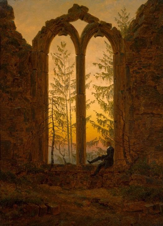 Caspar David Friedrich, Der Träumer (Architektur,Deutsche Kunst,Fenster,Kloster,Kunst,Landschaft,Mann,Ruine,Sonnenuntergang,Tageszeiten,Abend,Gotik,Melancholie,Nachdenken,Vanitas,Einsamkeit,Architekturdarstellung,Tagtraum,Wanderer,Ruinenlandschaft,Ausruhen,Meditation,Aussenseiter,Romantik,Ge)