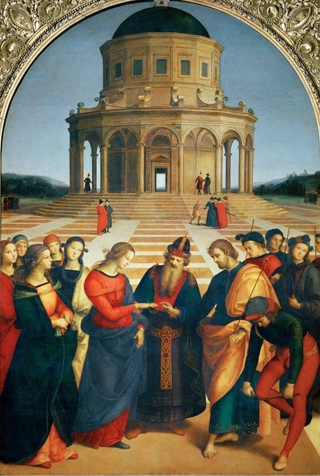 Raffael, Vermählung Mariae (Christentum,Herrenmode,Hochzeit,Religion,Renaissance,Maria Mit Kind,Neues Testament,Bibel,Jungfrau,Bilderrahmen,Marienleben,Perspektive,Architekturdarstellung,Italienische Kunst,Hohepriester,Mariä Vermählung,Strumpfhose,Ehe,Inschrift,Faltenwurf,Stab Zerbr)