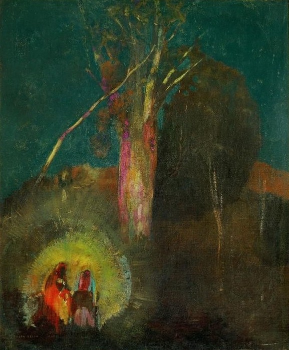 Odilon Redon, Fuite en Egypte (Christentum,Religion,Tageszeiten,Nacht,Symbolismus,Heilige Familie,Maria Mit Kind,Neues Testament,Bibel,Jungfrau,Flucht Nach Ägypten,Französische Kunst,Heiligenschein,Kindheit Jesu)