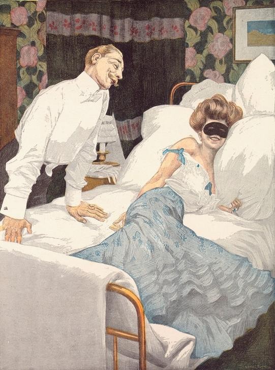 Ferdinand von Reznicek, Die G’schamige. / Aber gnädige Frau, jetzt könnten Sie sich (Bett,Deutsche Kunst,Erotik,Feste,Kalenderfeste,Liebe Und Ehe,Liebespaar,Masken- Und Kostümbälle,Mensch,Unter Vier Augen (Redewendung),Koketterie,Sexualität,Belle Epoque,Anonymität,Promiskuität,Maske (Gegenstand),Karneval)