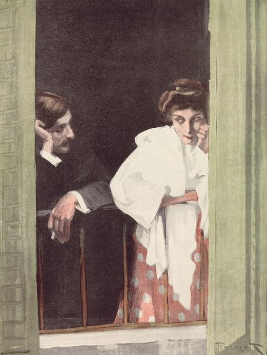 nach Ferdinand von Reznicek, Justizmord. / Was sagen Sie dazu, Ba (Deutsche Kunst,Gesellschaftliches Leben,Gesellschaft,Mensch,Unter Vier Augen (Redewendung),Scheidung,Langeweile,Blick Aus Dem Fenster,Belle Epoque,Dialog,Frauenleben,Unterhaltung (Gespräch))