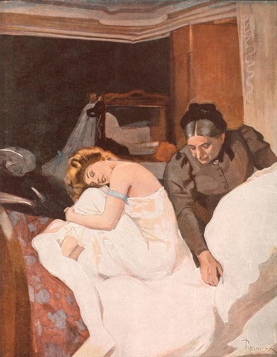 Ferdinand von Reznicek, Force majeure. / Was, jetzt in der Früh kommst du erst heim (Bett,Deutsche Kunst,Frau,Nachtleben,Schlafzimmer,Tageszeiten,Morgen,Mutter Und Tochter,Belle Epoque,Frauenleben,Nachtschwärmer,Junge Frau,Schimpfen,Schlafen (Schlaf))