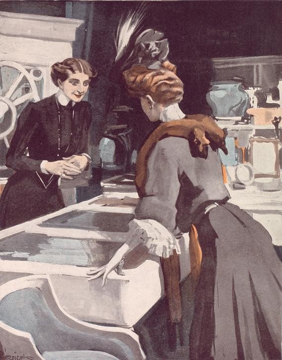 nach Ferdinand von Reznicek, Kulante Bedienung. / Wünschen gnädige Frau etwas Besseres, oder soll es nur ein Geschenk sein? (Beruf,Deutsche Kunst,Frau,Handel,Jugendstil,Mensch,Verkäuferin,Unter Vier Augen (Redewendung),Laden,Einkauf,Belle Epoque,Verkauf,Frauenleben,Beratung)