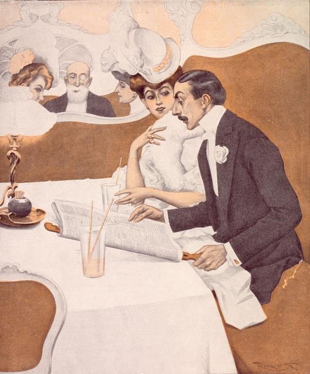 nach Ferdinand von Reznicek, Legitim (Beruf,Deutsche Kunst,Gastronomie,Jugendstil,Leser,Liebe Und Ehe,Zeitung,Restaurant,Unter Vier Augen (Redewendung),Lesen (Allgemein),Eleganz,Belle Epoque,Eheleben)